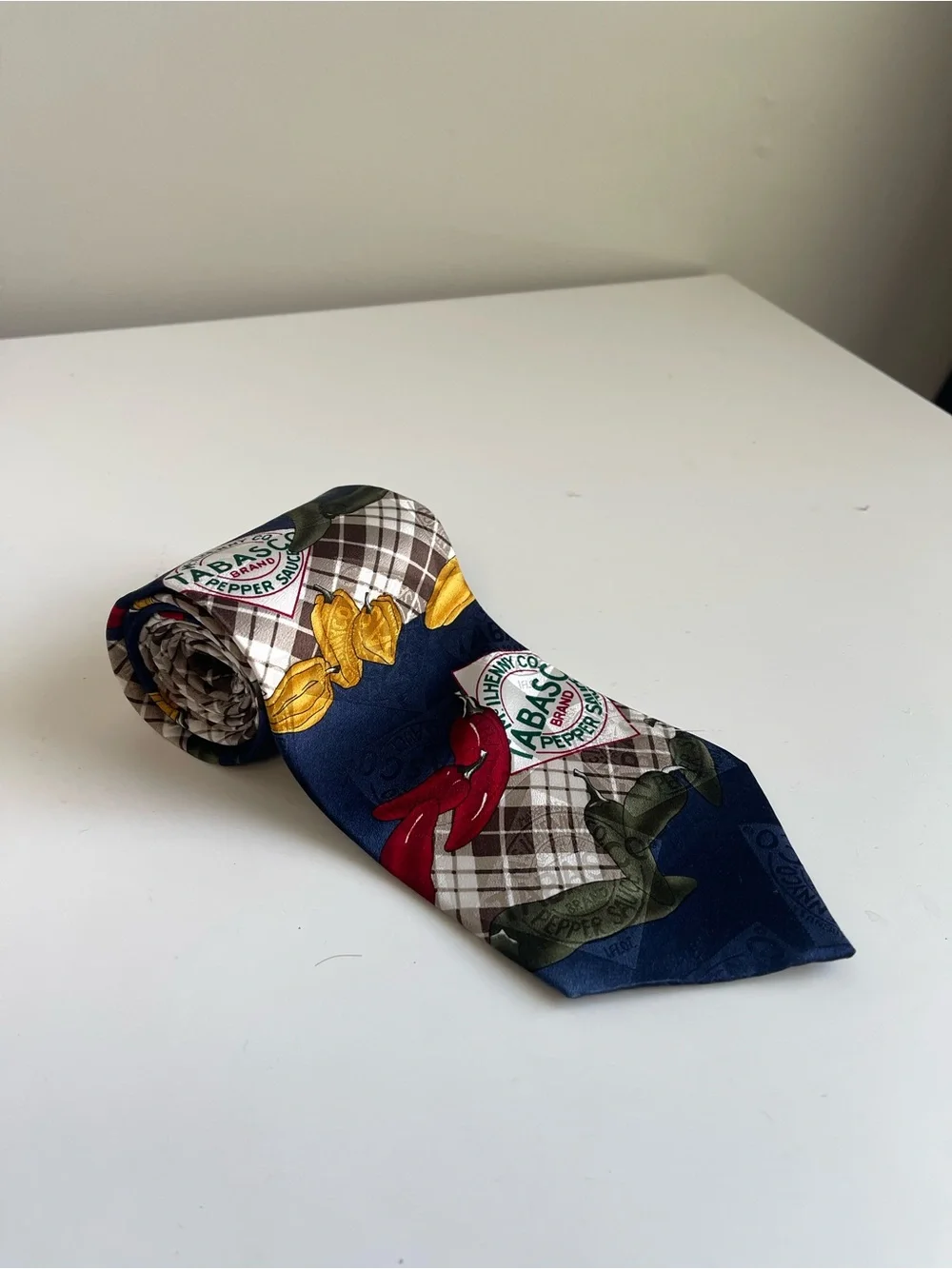 Tabasco Navy Silk Tie with Multicolor Pepper Motif